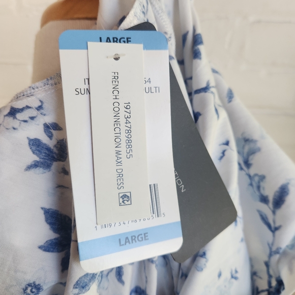 French Connection Blue White Floral Maxi Dress Tiered Long Cotton Pockets Sz L - Picture 7 of 9